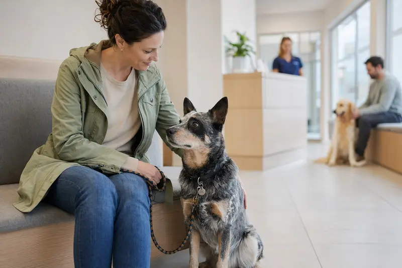 Ein Australischer Treibhund sitzt ruhig neben seinem Besitzer in einem modernen, hellen Wartezimmer der Tierarztpraxis.